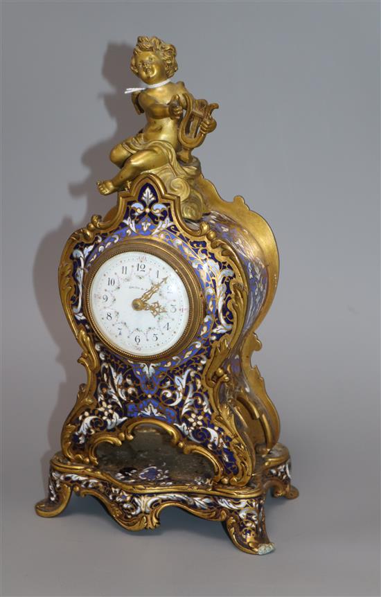 A Smith & Sons champleve enamel and ormolu mantel timepiece H.30cm